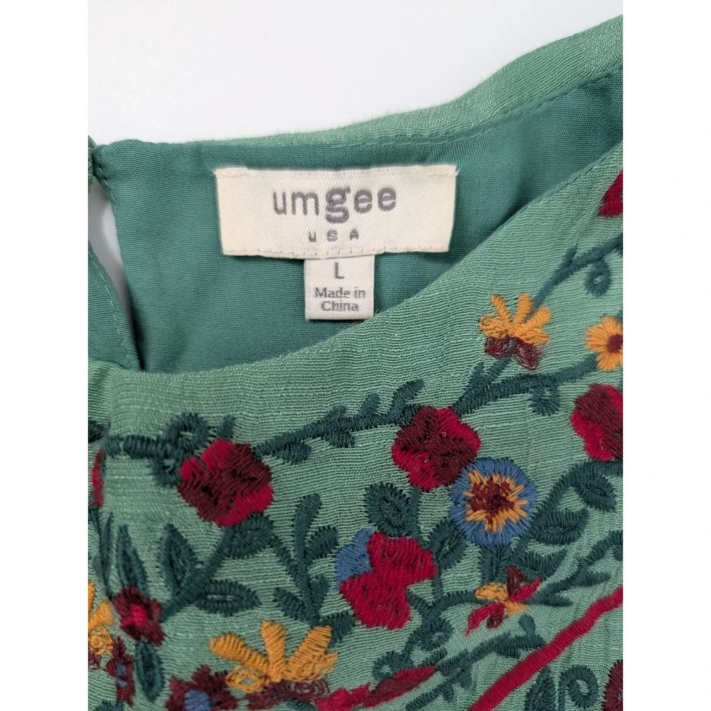 Umgee Green Embroidered Tunic Dress Flutter Sleeve Size L Boho Hippie Festival - Picture 3 of 11
